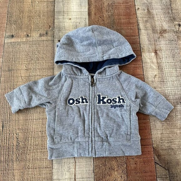 OshKosh BGosh Baby Hoodie Sweatshirt 3 Mos Gray Zip-Up With Pockets & Hood - Picture 1 of 4